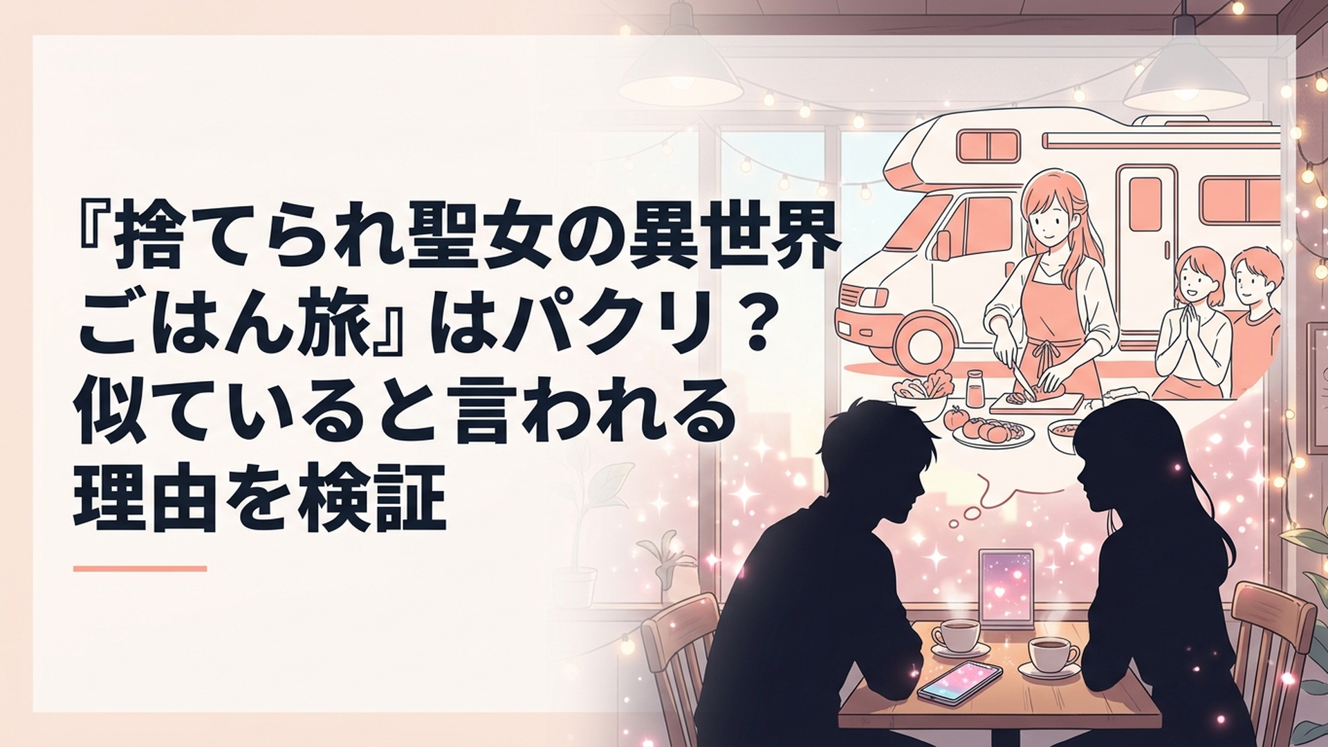 キャンピングカーの前で異世界の食材を並べて料理をする女性主人公と、それを見守る仲間たち