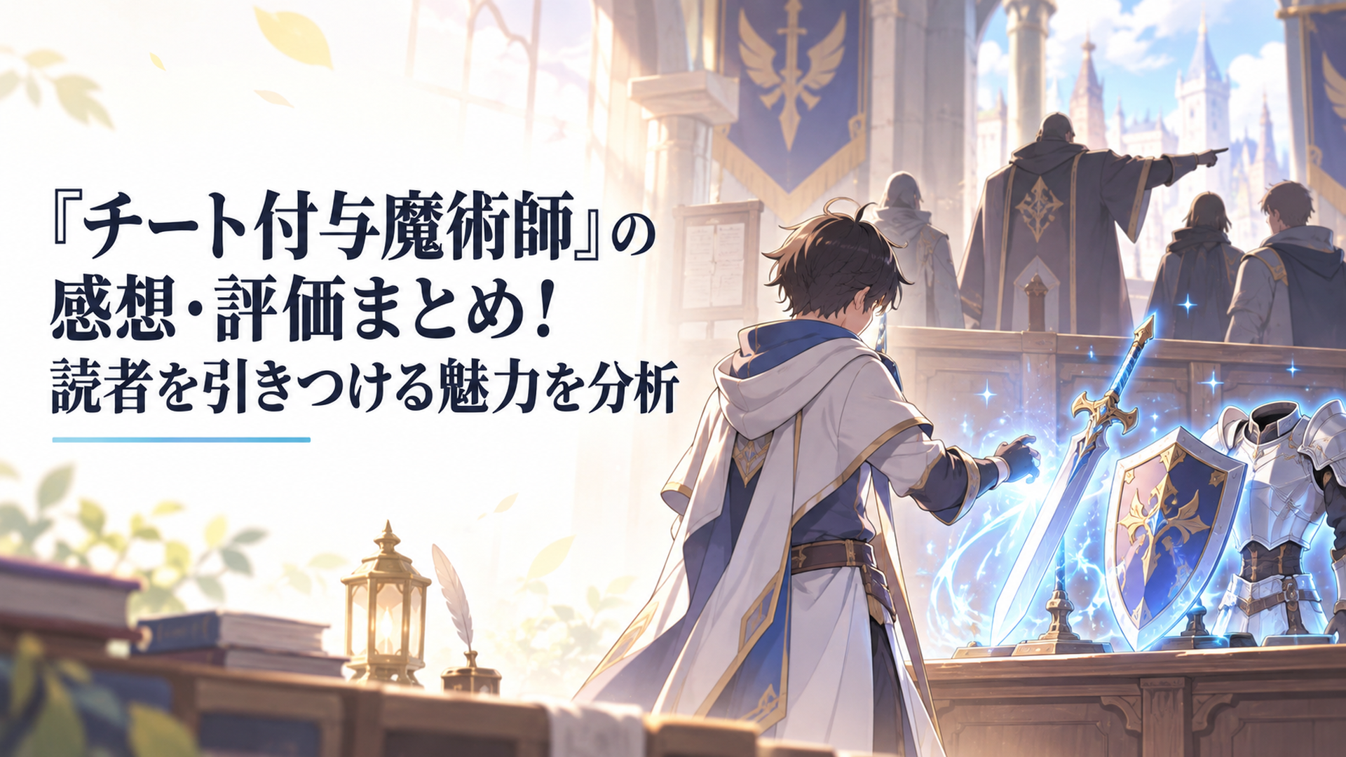 強化ポイントを武器や防具に付与する主人公と、追放を告げるギルドの様子を描いた異世界ファンタジー風のイラスト