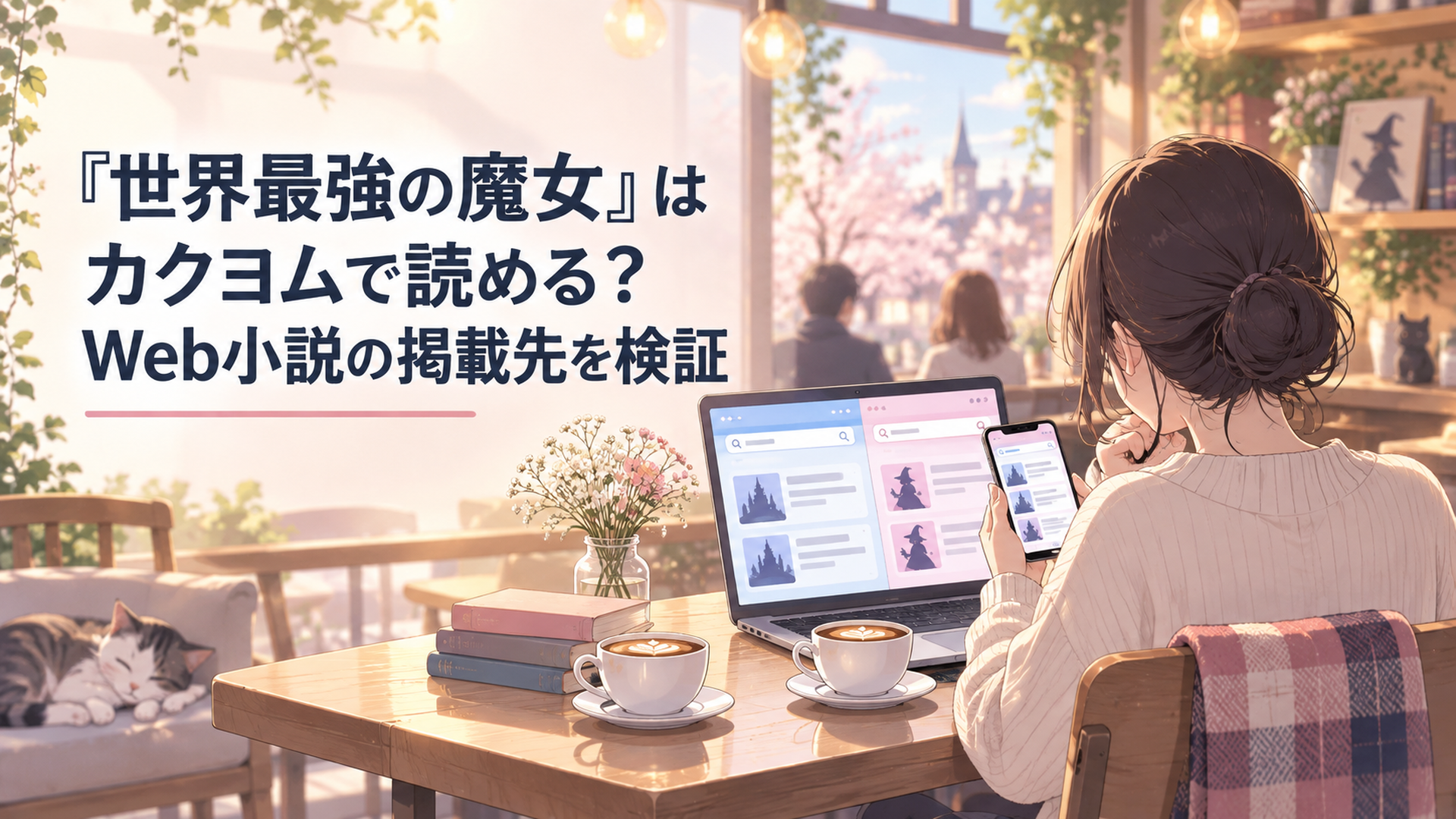 パソコンとスマホで「世界最強の魔女」をなろうとカクヨムの両方で検索している様子