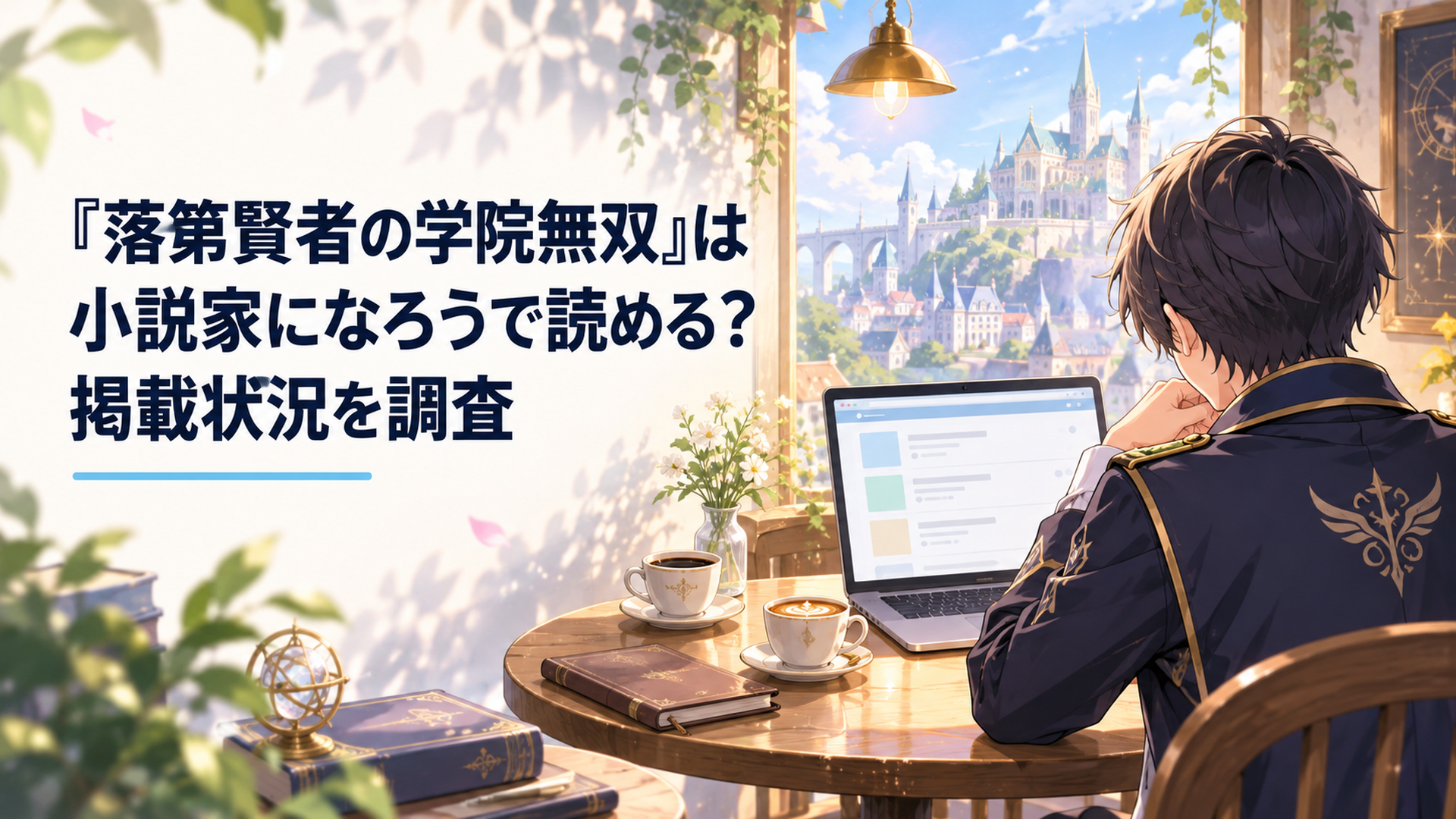 魔法学院の制服を着た青年が古びたノートパソコンで小説投稿サイトの画面を眺めているシーン