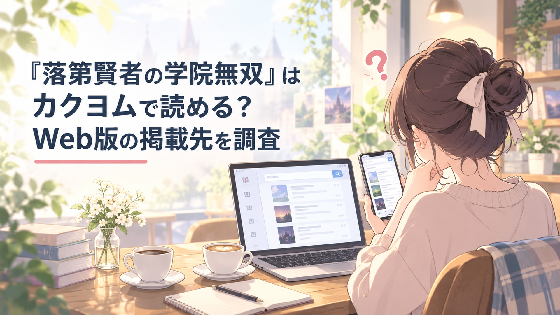 パソコンとスマホの前で小説投稿サイトの検索結果を見比べながら首をかしげる読者のイラスト