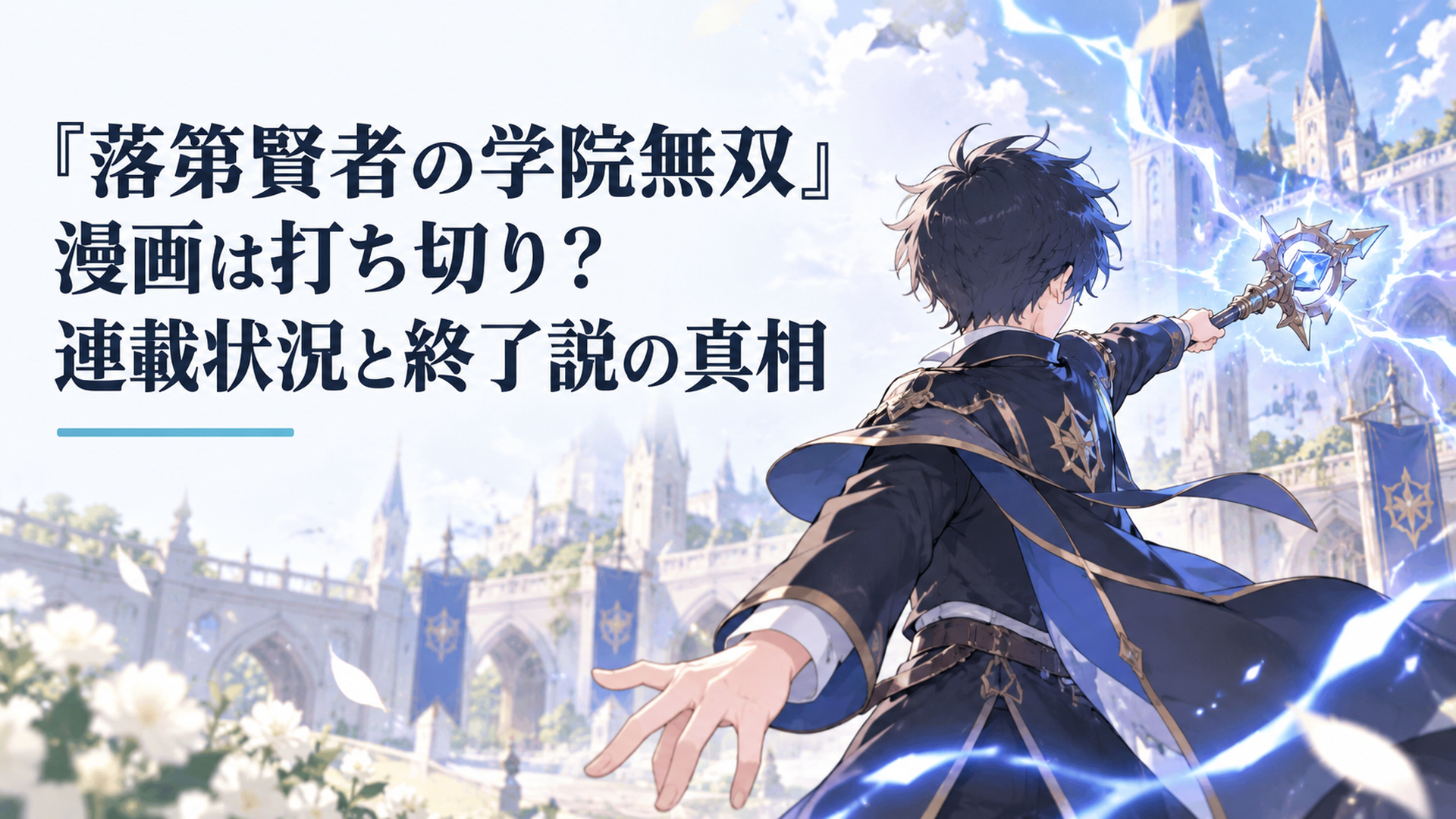 魔法学院の制服を着た主人公エフタルが、杖を構えて雷のような魔法を放とうとしているシーン