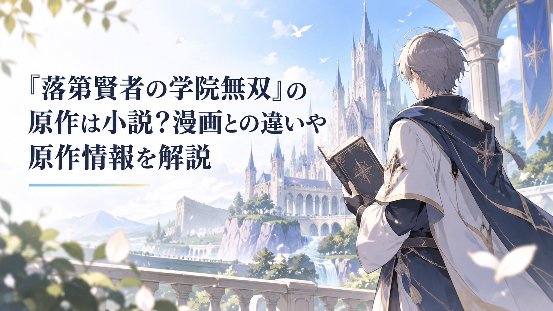 魔法学院の校舎を背に、魔術書を手にした賢者風の青年が佇む幻想的なシーン