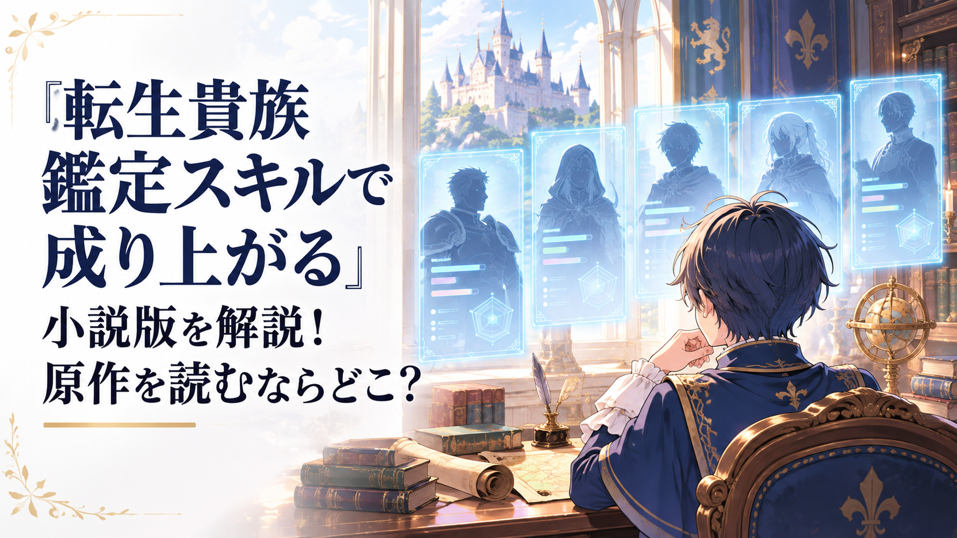 中世ヨーロッパ風の城の書斎で、少年貴族が光る鑑定ウィンドウを通して家臣候補たちの能力を見つめているシーン