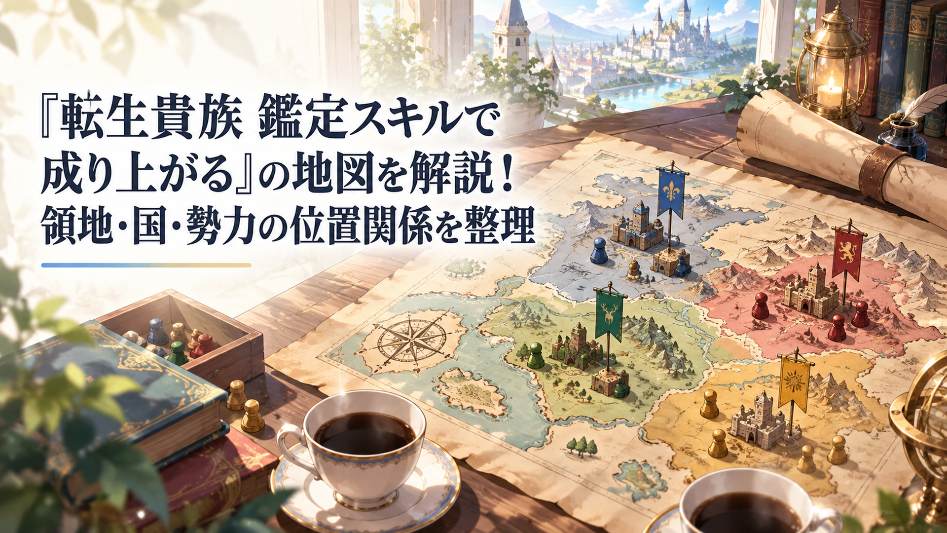 羊皮紙に描かれた異世界の大陸地図の上に、駒や旗が置かれた作戦机を俯瞰したシーン